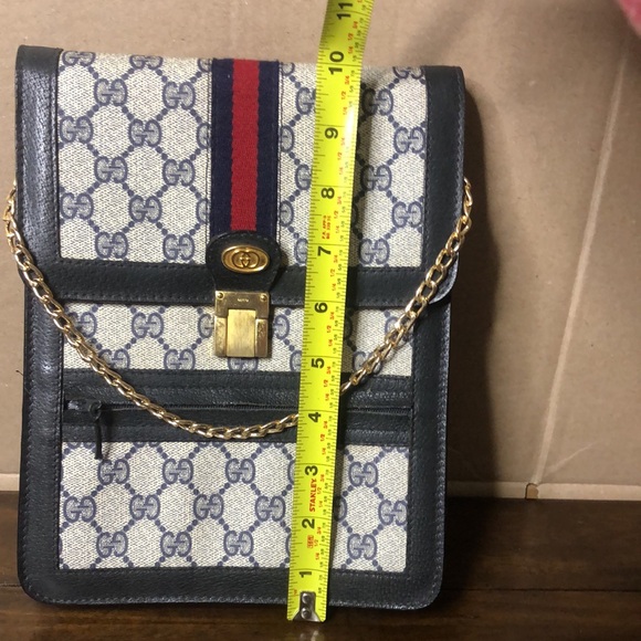 GUCCI GG Ophidia Sherryline Stripe Navy Leather Grey Coated Canvas Crossbody Bag - Picture 8 of 17